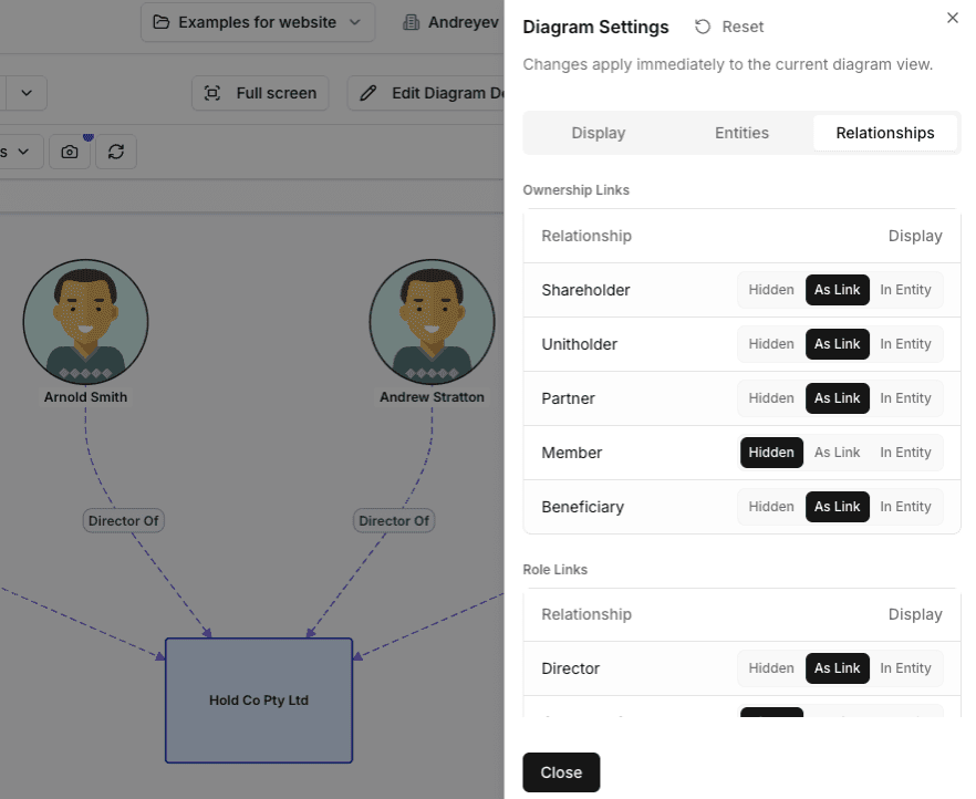 Relationship display options