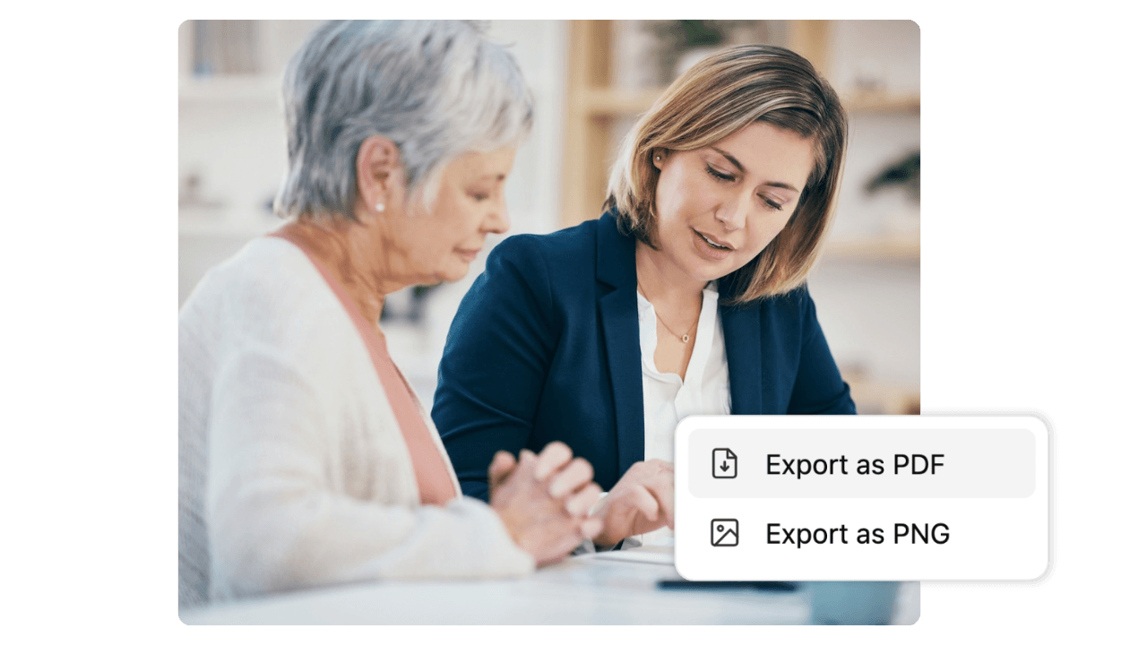 An advisor talking a client through a diagram, with the option to export it as PDF or PNG