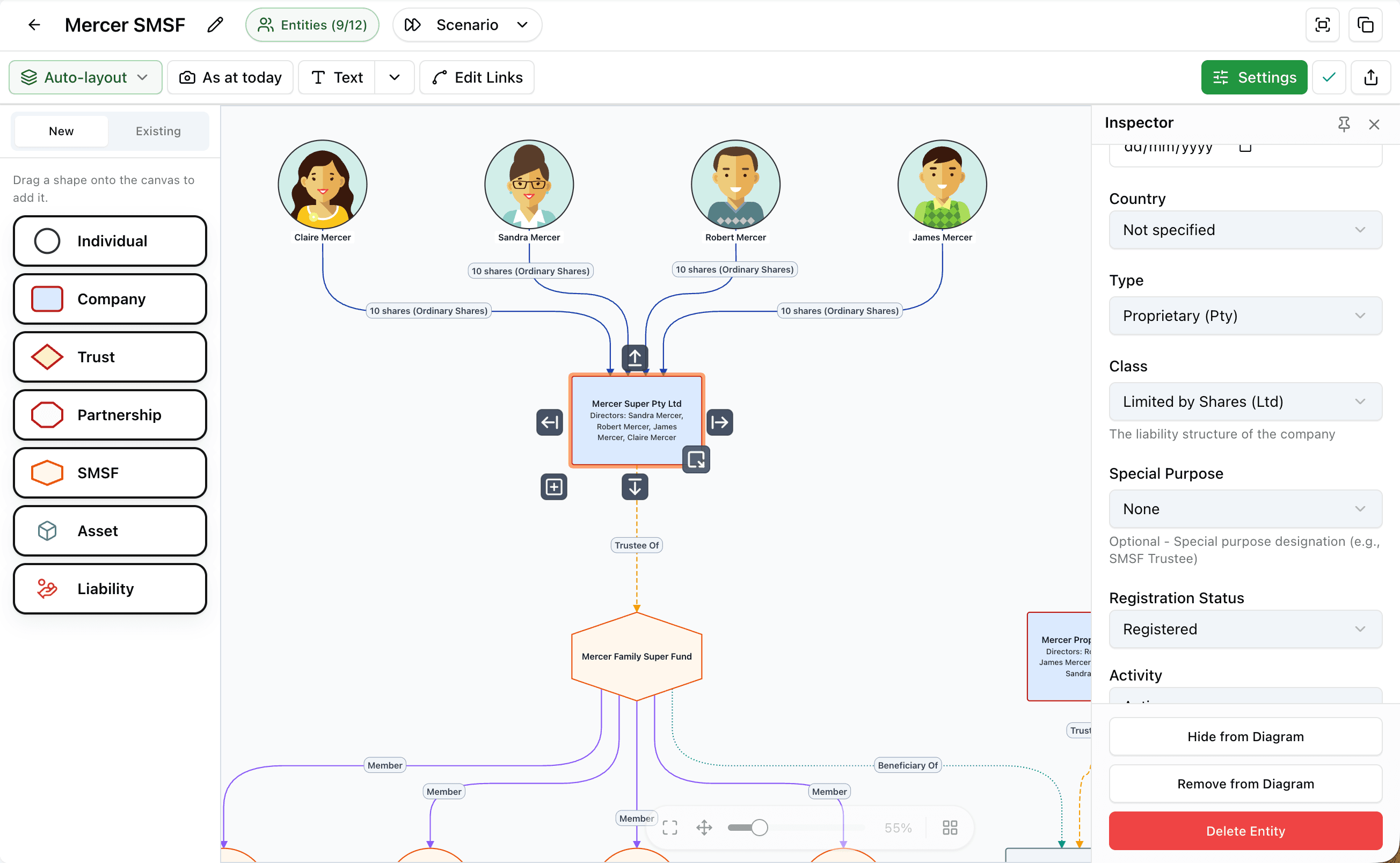 Entity and relationship data in StructureGram